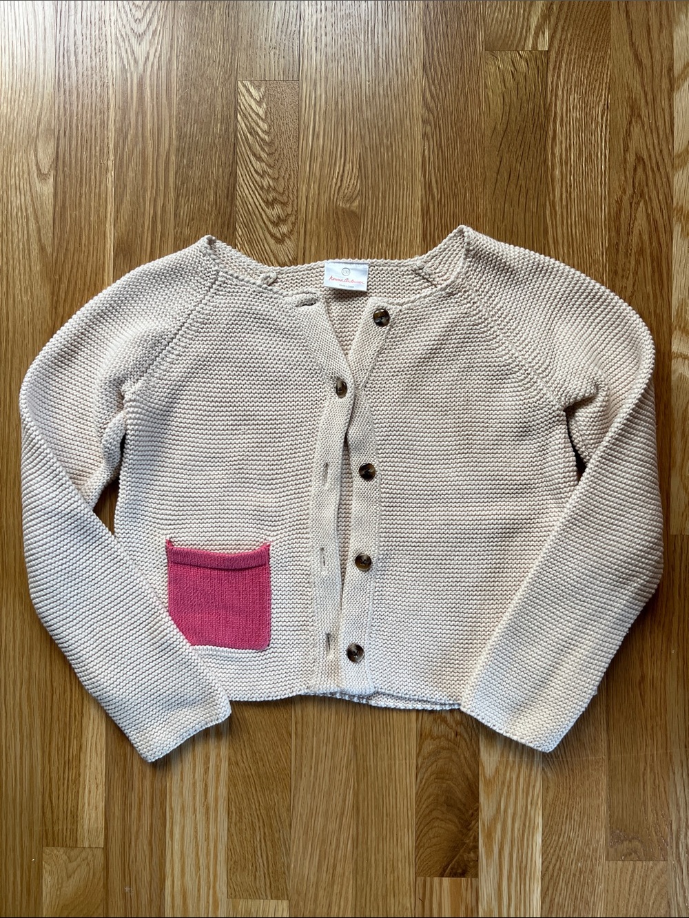 Hanna Andersson Cream Knit Cardigan with Pink Pocket